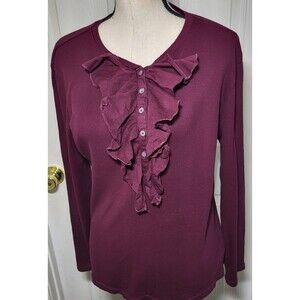 Lauren Ralph Lauren Womens XL Ruffle Henley Top Wine Burgundy Ribbed Long Sleeve